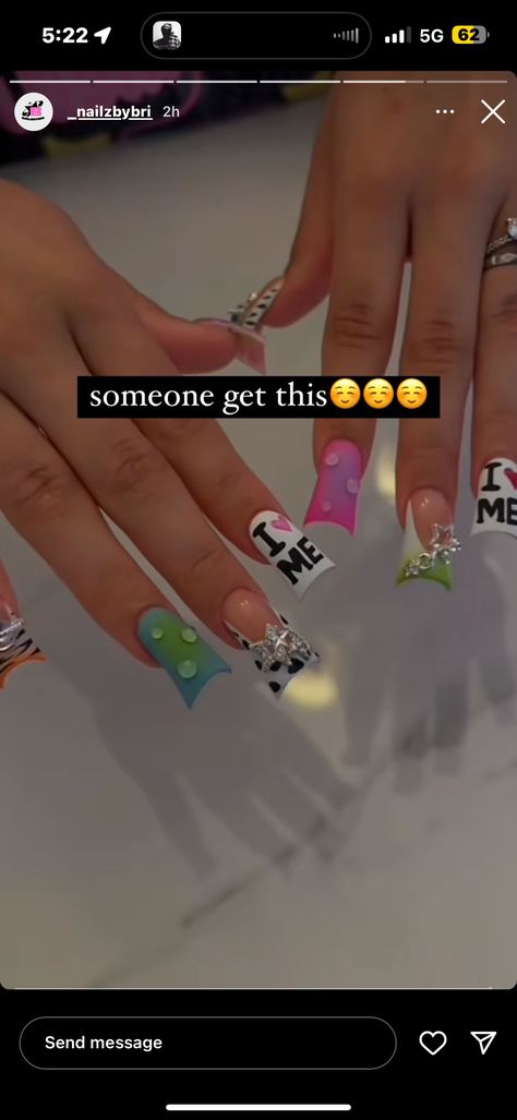 Designs On Nails, Nail Ideas Colorful, Cute Nails Ideas, Halloween Duckies Nails, I Love Me Nails, French Tip Kaws Nails, Vacation Nails Black Women, Colorful Duck Nails, Duck Tip Acrylic Nails Y2k