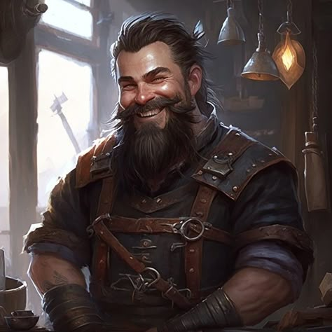 Opportunistic blacksmith. Blacksmith Rpg, Blacksmith Concept Art, Fantasy Farmer, Blacksmith Character Design, Dnd Blacksmith, Dnd Character Portraits, Dwarven Blacksmith, D&d Npc, Fantasy Blacksmith