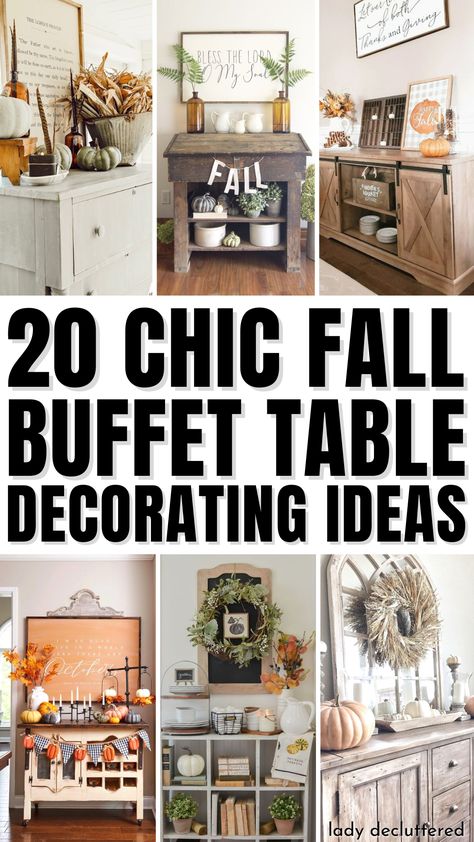 20 Chic Fall Buffet Table Decorating Ideas How To Decorate A Kitchen Buffet, Decorative Buffet Table Ideas, Breakfast Room Buffet Decor, Fall Decor Ideas For The Home Dining Table, Candles On Buffet Table, Buffet Table Ideas Decor With Lamps, Dining Room With Two Buffets, Top Of Buffet Decor Ideas, Buffet Top Decor Ideas