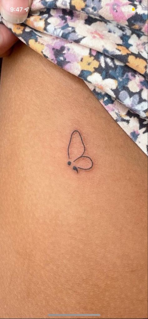 Cute Minimilastic Tattoos, Tatoos Meaningful Mental Health, Tiny Tattoo With Meaning, Color Bone Tattoos For Women Unique, Minimalist Butterfly Semicolon Tattoo, Dainty Butterfly Semicolon Tattoo, Butterfly Tattoo Over Scar, At Home Tattoo Ideas, Semi Collen Tattoo