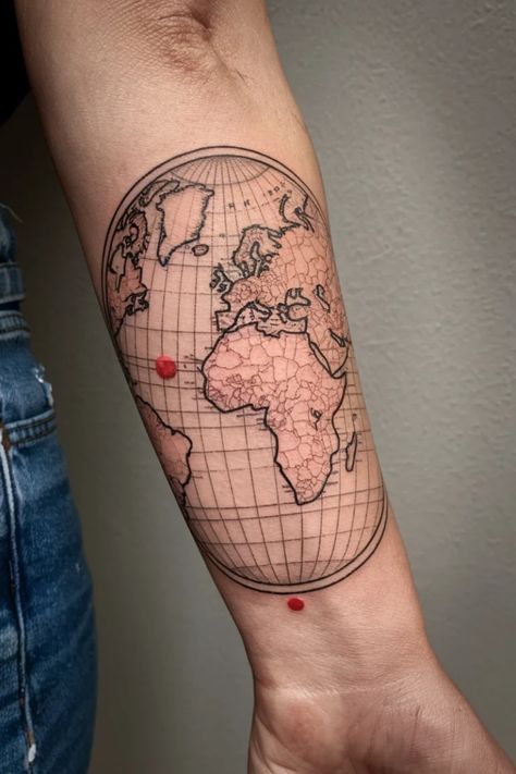 Map of the world tattooed on a forearm with red dots on certain locations. Map Tattoo Ideas, Tattoo Ideas For Females, Map Tattoo, Unique Wrist Tattoos, Unique Tattoo Ideas, Map Tattoos, Map Outline, Compass Design, World Maps