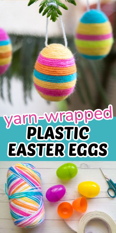 These hanging yarn-wrapped plastic egg crafts make such pretty decor this Easter. Diy Crafts With Yarn Easy, Easter Hanging Decorations, Easter Egg Diy Crafts, Easter Yarn Crafts, Spring Yarn Crafts, Plastic Egg Crafts For Kids, Plastic Egg Crafts, Yarn Easter Eggs, Easter Tree Diy