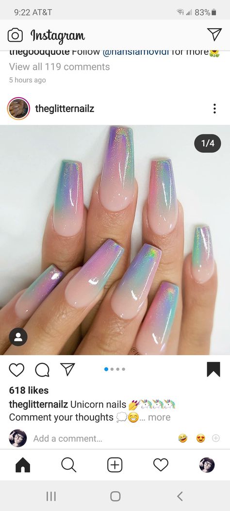 Everyday Nail Designs, Pastel Glitter Nails, Rainbow Nail Art Designs, Ombre Gel Nails, Summer Nails Colors Designs, Purple Ombre Nails, Blue Ombre Nails, Purple Glitter Nails, Pink Neon Sign