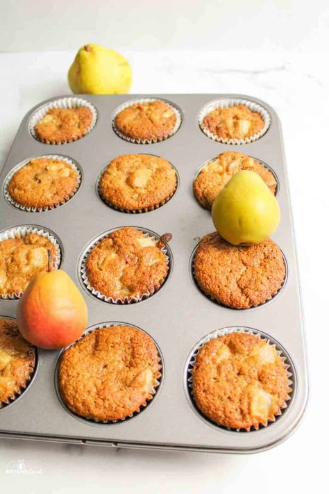 A simple and easy homemade pear muffin recipe. With spices like ginger and cinnamon in every bite these fresh pear muffins are to-die for! They're such a fabulous way to use up those fresh pears in this healthy breakfast or snack recipe. Pear Recipes Healthy, Pear Muffin, Pear Muffins Recipes, Pear Muffins, Almond Muffins, Apple Sauce Recipes, Spice Muffins, Fall Recipes Healthy, Spiced Pear