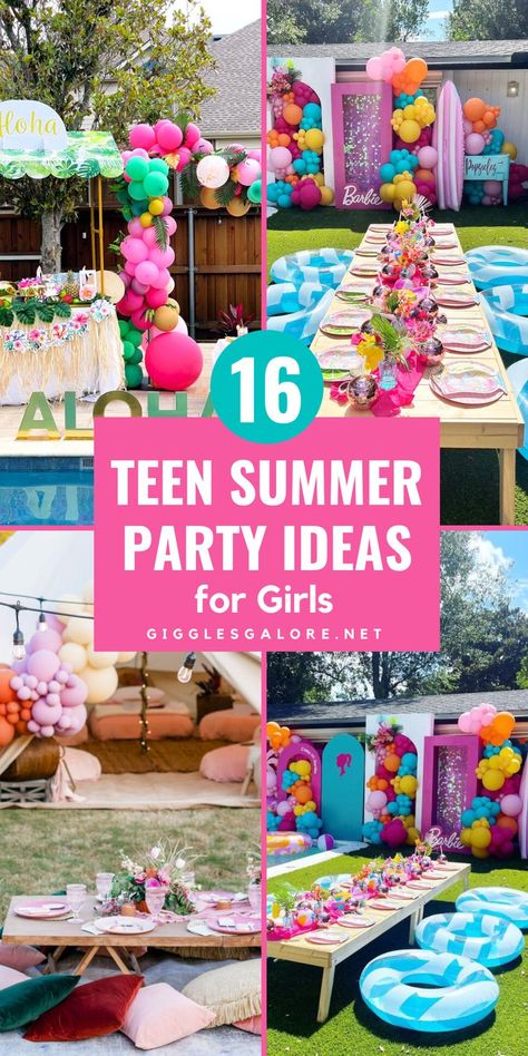 Pool Party with Balloons. With Text Reading: 16 Fun Teen Party Ideas. Teen Summer Birthday Ideas, Backyard Party Ideas For Teens, Fun Summer Birthday Party Ideas, Pool Party Teen Ideas, Pool Party Themes For Teens, Backyard Beach Party Ideas, Cute Teen Birthday Ideas Themes, Girls Summer Birthday Party Ideas, Summer Kick Off Party Ideas For Kids