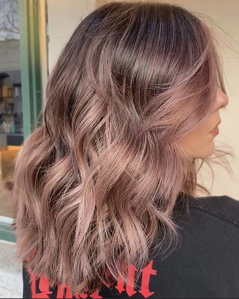 Ash Blonde Pink Balayage, Rose Gold Ash Brown Hair, Rose Blonde Highlights, Subtle Pink Balayage, Rose Gold Hair Brunette Short, Brown Hair With Lavender Highlights, Mauve Brown Hair, Brunette And Pink Hair, Dusty Mauve Hair Color