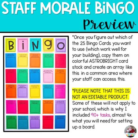 Staff Morale | Teacher Appreciation | Staff Bingo by Taryn's Unique Learning Staff Bingo, Staff Morale Booster, Teacher Morale, Morale Boosters, Staff Morale, Staff Motivation, Teachers Lounge, School Culture, School Climate