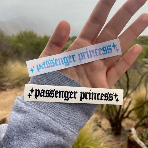 Passenger Princess Vinyl Decal | Car Window Rearview Mirror Bumper Sticker Laptop | Holographic Y2K Aesthetic Accessory Stars Old English -  #accessory #Aesthetic #Bumper #Car #Decal #English #Holographic #Laptop #Mirror #Passenger #Princess #Rearview #Stars #sticker #Vinyl #Window #y2k Passenger Mirror Sticker, Taylor Swift License Plate Frame, Rearview Mirror Decal, Passenger Princess Decor, Car Sticker Design Ideas, Passenger Princess Sticker, Bumper Sticker Ideas, Girly Car Decals, Car Stickers Aesthetic