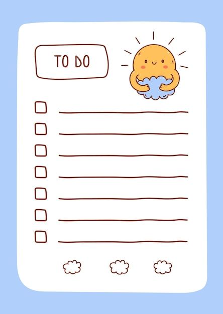 Kawaii Sun, To Do Lists Aesthetic, Cute Daily Planner, Free Planner Templates, To Do List Template, To Do Planner, Note Writing Paper, Letterpress Business Cards, To Do Lists Printable