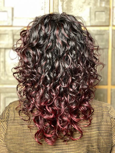 Curly Brown Hair With Pink Highlights, Curly Hair Color Ideas Highlights Caramel Curls Dark Brown, Pink Highlights In Brown Hair Curls, Pink Highlights In Brown Curly Hair, Pink Curly Hair Highlights, Black Cherry Hair Color Curly Hair, Curly Red Highlights, Red Highlights In Black Hair, Curly Hair With Pink Highlights