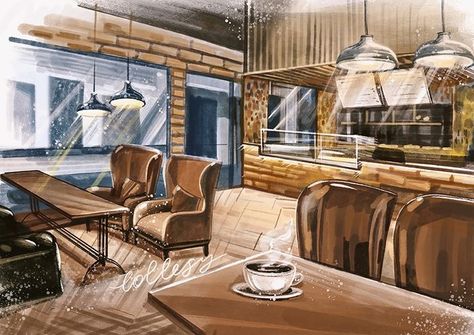 Coffee Shop Perspective Drawing, Coffee Shop Interior Perspective Drawing, Sofa Drawing, Interior Design Sketchbook, Cafe Exterior, Coffee Shop Interior Design, Interior Design Renderings, Drawing Interior, Plans Architecture