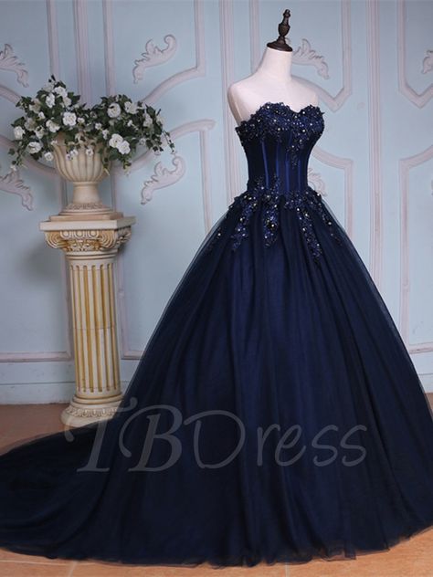 Ball Gown Appliques Sweetheart Beading Court Train Quinceanera Dress Navy Blue Ball Gown, Sweetheart Evening Dress, Blue Ball Gown, Navy Blue Prom Dresses, Evening Dress Long, Formal Occasion Dress, Blue Ball Gowns, Blue Ball, Sweetheart Prom Dress