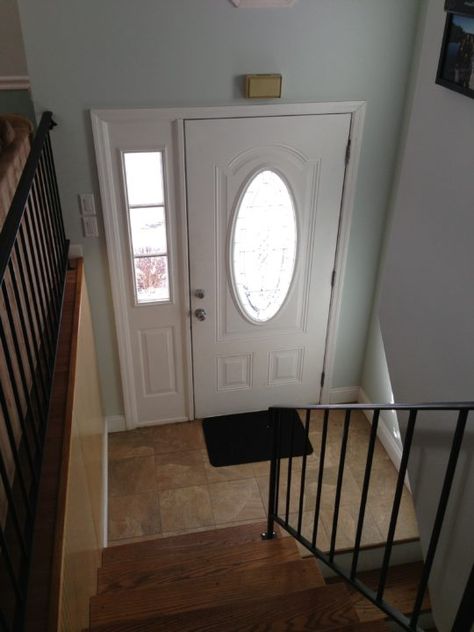 Raised Ranch Entry Before Bilevel Entryway, Entryway Ideas With Stairs Entry Foyer, Stair Treatments, Raised Ranch Entryway, Split Foyer Entry, Above Door Decor, Split Foyer Remodel, Decorating Stairway Walls, Split Entry Remodel