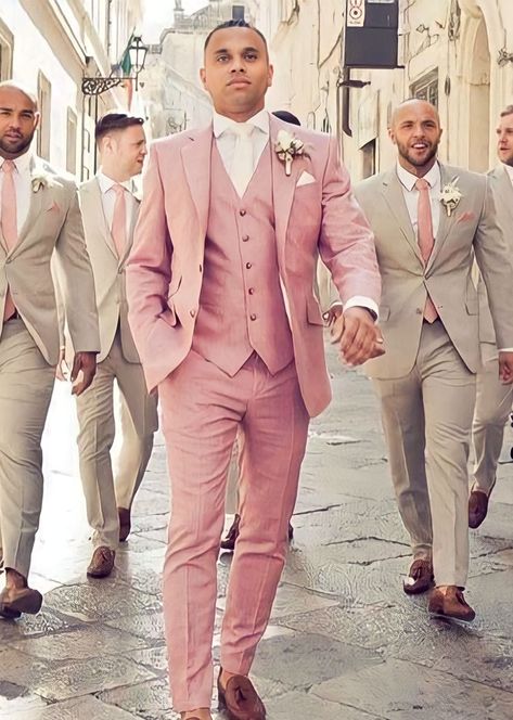 Pink Tuxedo Men Wedding, Mauve Wedding Suit, Pink Suit Groom, Colored Tuxedo Wedding, Light Pink Wedding Suit, Pink Tuxedo Wedding, Pastel Groomsmen Attire, Pink Suit Men Wedding, Pastel Groomsmen