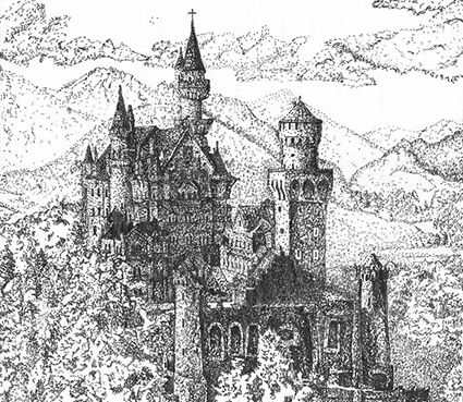 Intensified stippling gives the building its shape while lesser valued areas help explore its relationship with the landscape. Magical Coloring Pages, Pointilism Art, Coloring Pages For Adults, Disney Castle, The Middle Ages, India Ink, School Project, Stippling, The Middle East