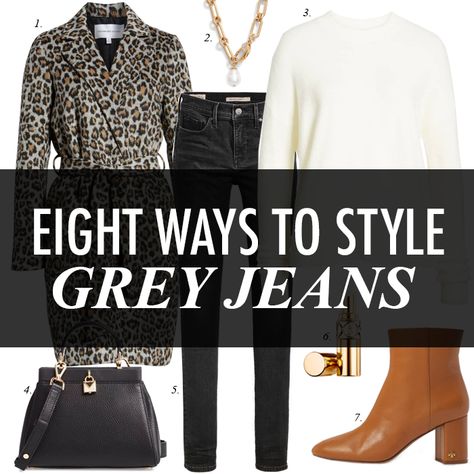 What To Wear With Light Grey Jeans, How To Style Charcoal Jeans, What To Wear With Gray Jeans Outfits, Gray Chino Pants Outfit Women, Light Grey Jeans Outfit Winter, Gray Wash Jeans Outfit, Styling Gray Jeans, Gray Flare Jeans Outfit, How To Wear Gray Jeans