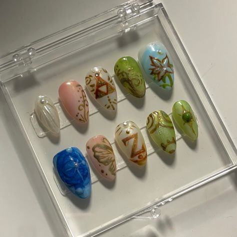 Breath Of The Wild Nails, Legend Of Zelda Makeup, Legend Of Zelda Nail Art, Zelda Nail Art, Zelda Nails, Legend Of Zelda Acrylic Nails, Nail Inspo, Cute Nails, Zelda