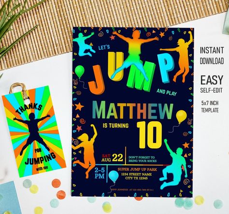 Boys Trampoline Park Birthday Invitation, Urban Air Party Invite, Let's Jump Bounce House Editable Template, Instant Download Corjl Jump Party Invitations, Urban Air, Jump Party, Park Birthday, Phone Template, Template Birthday, Creative Invitations, Trampoline Park, Trampolines