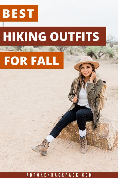 Wondering what to wear hiking in fall?✔ Read our suggestions to find out what to bring, and discover the best fall hiking outfits. Stylish Hiking Outfit Fall, 60 Degree Hiking Outfit, Outfits For Hiking Fall, How To Wear Hiking Boots With Jeans, What To Wear Hiking Fall, Trail Hiking Outfit Woman, Hike Outfit Fall, Hiking Fall Outfit, Fall Hike Outfit