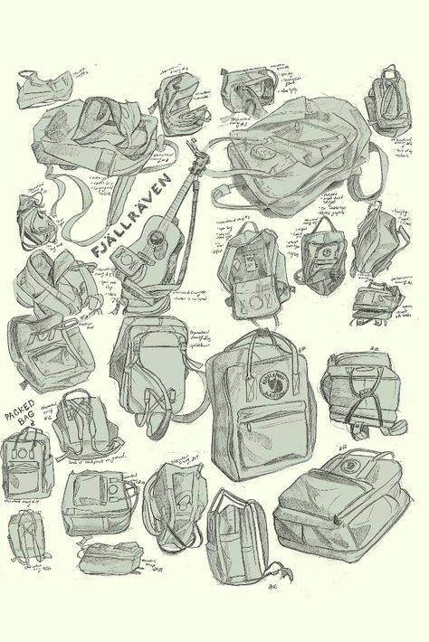 Graphite sketches of Scandinavian designed kanken backpack. These pencil sketches were colored digitally in photoshop. An art students study of a backpack in many layouts. Wearing Backpack Reference Drawing, School Drawings Aesthetic, Backpack Art Reference, Anime Bag Drawing, Cute Backpack Drawing, How To Draw Backpack, Backpack Drawing Ideas, Person With Backpack, Person Wearing Backpack Drawing Reference