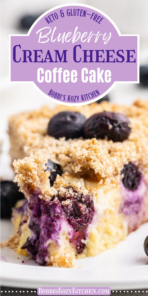 Close up of Keto Blueberry Cream Cheese Coffee Cake on a white plate. You can see the creamy layer with pops of purple color from the bursting blueberries. Keto Blueberry Cream Cheese, Blueberry Cream Cheese Coffee Cake, Keto Favorites, Cheese Coffee Cake, Cream Cheese Coffee Cake, Keto Cakes, Keto Blueberry, Gf Food, Healthy Low Carb Dinners