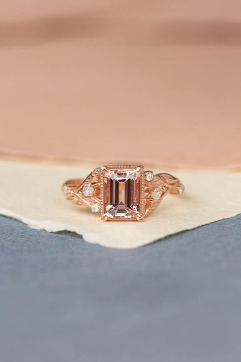 Emerald Cut Engagement Rings | Eden Garden Jewelry™ Eden Garden, Morganite Engagement Ring Set, Nature Inspired Engagement Ring, Leaf Engagement Ring, Nature Inspired Rings, Custom Wedding Band, Emerald Cut Engagement, Morning Dew, Emerald Engagement Ring Cut