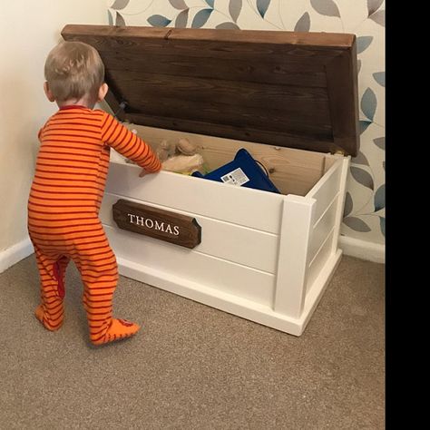 Traditional Wooden Toy Box with personalised name plaque. | Etsy Josie Wren, Personalised Wooden Toy Box, Childrens Toy Boxes, Storage Furniture Ideas, Wooden Toy Chest, Personalised Toy Box, Chest Ideas, Kids Toy Boxes, Deco Christmas