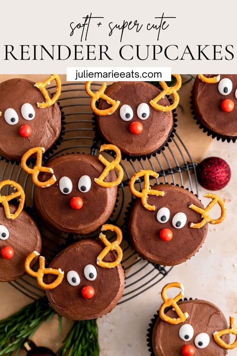 These festive and cute Reindeer Cupcakes are so delicious for the holidays. They have a soft and moist chocolate cupcake, topped with a luscious chocolate buttercream. Homemade Cupcake Recipes, Homemade Cake Mixes, Reindeer Cupcakes, Easy Party Desserts, Cinnamon Cupcakes, Cupcakes Christmas, Candy Eyes, Chocolate Cupcakes Moist, Winter Dessert Recipes