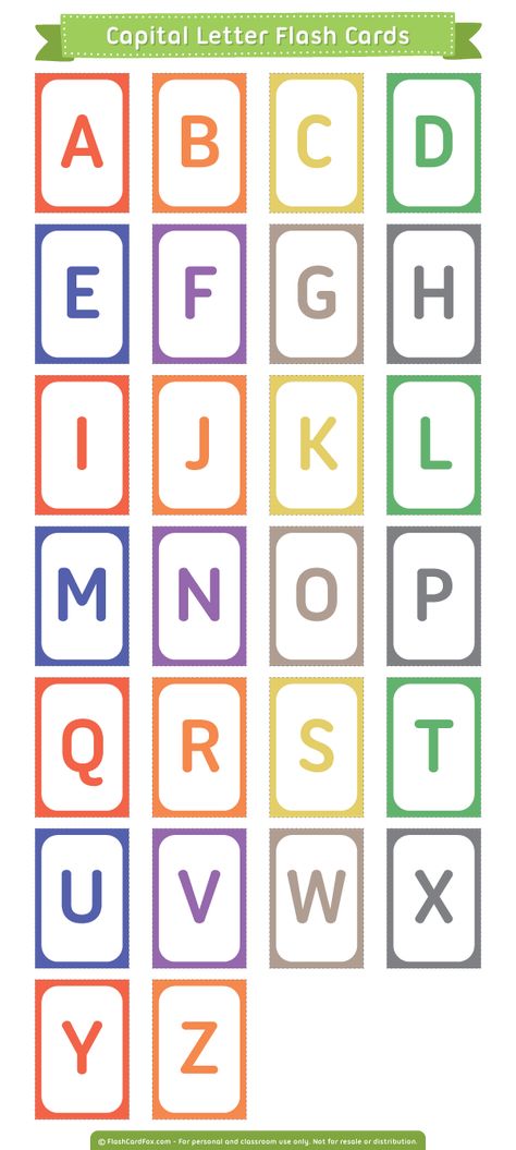 Free printable capital letter flash cards. Download them in PDF format at http://flashcardfox.com/download/capital-letter-flash-cards/ How To Make Flash Cards, Flash Card Ideas, Flash Card Alphabet, Letters Flashcards, Kids Flash Cards, Abc Alphabet Letters, Alphabet Flash Cards Printable, Flash Card Template, Baby Flash Cards