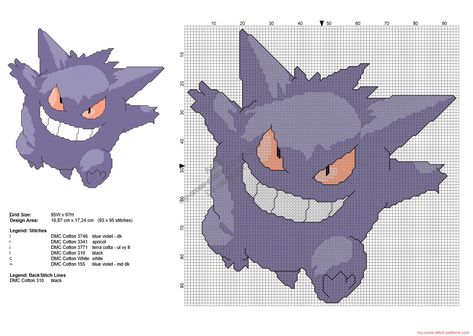 Pokemon Gengar free cross stitch pattern 93x95 Stitch Pokemon, Pokemon Cross Stitch Patterns, Pokemon Crochet Pattern, Free Cross Stitch Pattern, Pokemon Cross Stitch, Free Cross Stitch Patterns, Pixel Art Pokemon, Pokemon Pattern, Patterns Simple