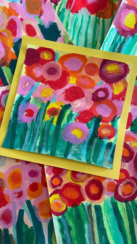 Painted Paper Art | Laura Lohmann | Monet’s Garden Path. Chalk and tempera paint. 3rd grade artists created these beauties. #paintedpaperartlessons #arthistoryforkids #kidsart | Instagram Square 1 Art Ideas Preschool, Watercolor Art Projects For Kids, Kids Flower Craft, Prek Art Activities, Square 1 Art Ideas, 3rd Grade Crafts, Easy Preschool Art, Kids Spring Art, School Painting Ideas