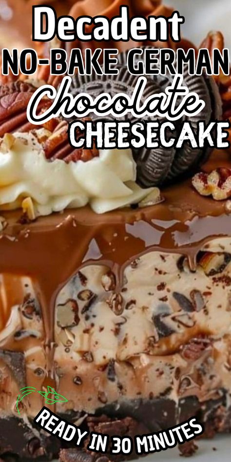 Decadent No-Bake German Chocolate Cheesecake German Chocolate Cheesecake Easy, White German Chocolate Cheesecake Center, No Bake German Chocolate Cheesecake, German Chocolate Cheesecake Recipe, No Bake German Chocolate Pie, German Chocolate Desserts, Chocolate Cake Flavors, Easy Caramel Cheesecake, Recipe For German Chocolate Cake