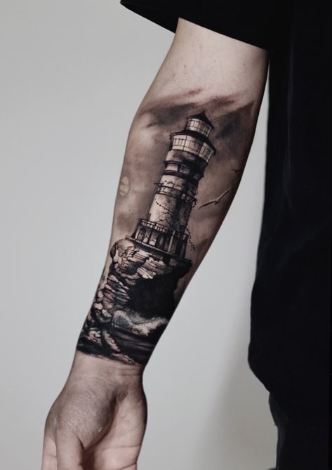 Lighthouse tattoo Black And Gray Lighthouse Tattoo, Lighthouse Cover Up Tattoo, Lighthouse Tattoo Men Forearm, Lighthouse Tattoos Men, Montauk Lighthouse Tattoo, Lighthouse Compass Tattoo, Nautical Tattoo Sleeve For Women, Cracking Tattoo, Lighthouse Tattoo Men