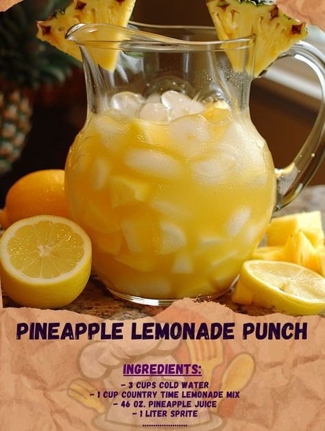 Lemonade Punch Recipes, Flavored Lemonade Recipes, Wedding Punch Recipes, Yellow Drinks, Pineapple Lemonade Punch, Lemonade Punch Recipe, Lemonade Tea Recipe, Country Time Lemonade, Lemonade Punch