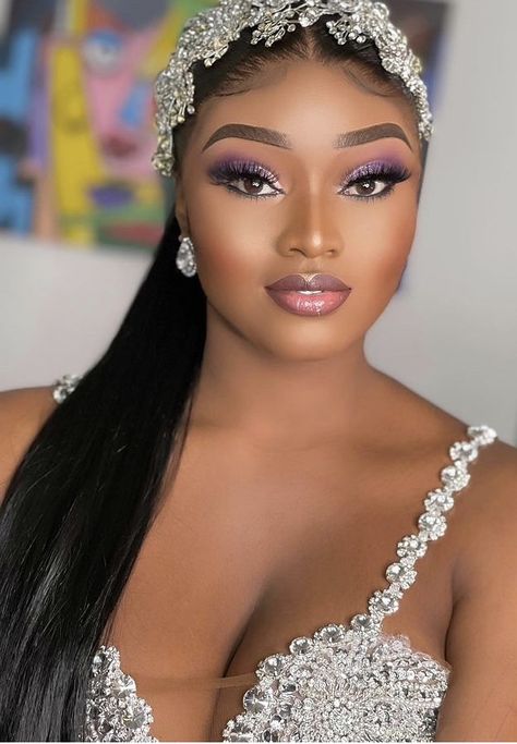 Purple Bridal Makeup Black Women, Makeup Looks For A Purple Dress, Wedding Make Up For Black Women, Purple Bridal Makeup For Brown Eyes, Black Bride Makeup Wedding Glam, Bridal Makeup For Black Women Wedding, Bridal Makeup Brown Skin, Bridal Makeup Black Women, Makeup For Purple Dress