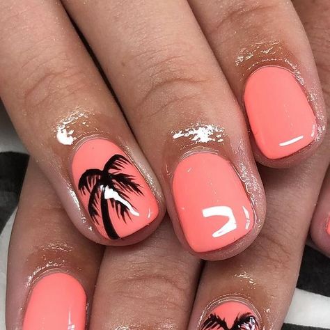 Palm Tree Nail Designs Beach, Caribbean Holiday Nails, Hawaiian Nail Art Tropical, Hawaii Dip Nails, Orange Beach Nails, Palm Tree Nails Design, Luau Nails, Beach Gel Nails, Vaca Nails