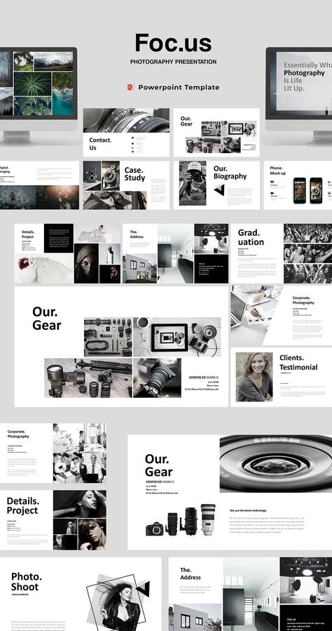 Photography Powerpoint Template. 60+ Unique Creative Slides Photography Powerpoint, Agency Presentation, Website Agency, Agency Photography, Photography Sketchbook, Photography Agency, Company Presentation, Modern Presentation, Powerpoint Free