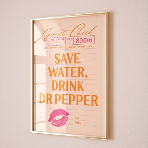 Dr Pepper Print, Aesthetic Kitchen Decor, Trendy Kitchen Prints, Pink and Orange College Apartment Decor, Girly Wall Art, Guest Check Poster Blue Apartment Decor, Coca Cola Poster, Preppy Dorm Room, Room Gallery Wall, Wall Art Preppy, Bar Cart Print, Gallery Wall Art Prints, Cart Ideas, Pink Bar