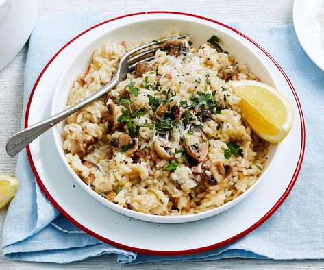 Bacon And Mushroom Risotto | Australian Women's Weekly Food Bacon And Mushroom Risotto, Bacon And Mushroom, Bacon Risotto, Risotto Recipes Easy, Seafood Risotto, Mushroom Risotto Recipes, Pumpkin Risotto, Classic Italian Dishes, Mushroom Risotto