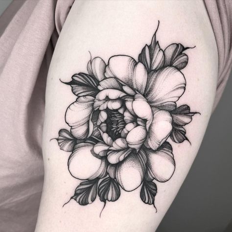 Large Peony Tattoo Design, Black Work Peony Tattoo, Bold Peony Tattoo, Unique Flowers Tattoo, Dark Peony Tattoo, Neotraditional Peony Tattoo, Peony Neck Tattoo, Neo Traditional Black And Grey, Black And Grey Flower Tattoo