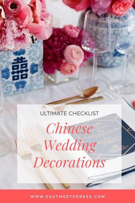 Get inspired by these 15 decoration ideas for your modern or traditional Chinese wedding banquet. Find out where to buy Chinese wedding decorations for your wedding in this ultimate guide. Chinoiserie Wedding Backdrop, Chinese Theme Wedding, Chinese Wedding Banquet, Wedding Decoration Checklist, Chinese Style Wedding Dress, Red Chinese Wedding Dress, Chinese Wedding Favors, Chinese Wedding Tea Ceremony, Chinese Banquet