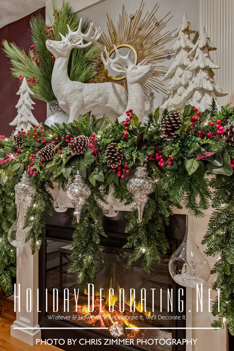 Christmas fireplace and dining room decorated with deer, greenery, trees, pinecones, and berries. Navy Color Scheme, My 2023, 2023 Christmas, Well Decor, Christmas 2023, Magical Christmas, Home Tour, Navy Color, First Home