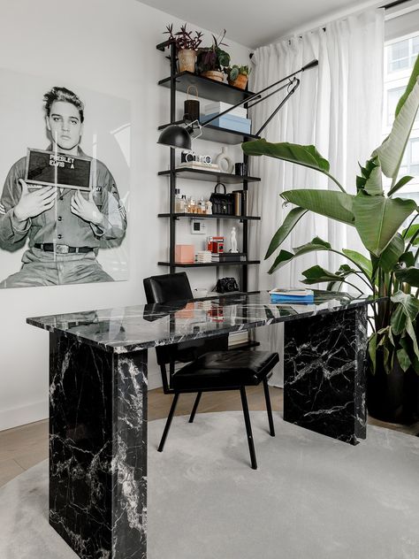 Williamsburg Apartment, Marble Office, Taylor Lashae, Marble Desk, Hallway Art, Brooklyn Apartment, White Office, New York Apartment, Nyc Apartment