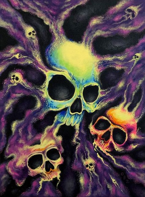 Glow Art, Trash Art, Artwork Images, Art Inspiration Painting, Ethereal Art, Vibrant Art, Deep Colors, Funky Art, Skull Art