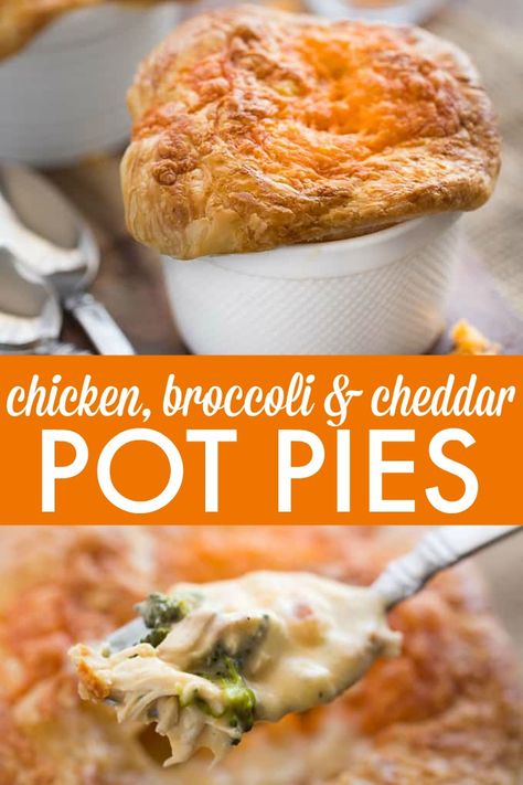 Chicken, Broccoli & Cheddar Pot Pies Chicken And Broccoli Pot Pie, Broccoli Cheddar Chicken Pot Pie, Ramekin Meals, Shepherd Pies, Creamy Chicken Broccoli, Puff Pastry Chicken, Mini Pot Pies, Savoury Pies, Grill Cheese Sandwich Recipes