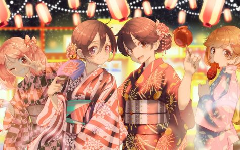 Summer Festival Hair, Japanese Summer Festival, Short Hair Summer, Japanese Summer, Japanese Festival, Brown Hair Brown Eyes, Festival Hair, Kantai Collection, Purple Eyes