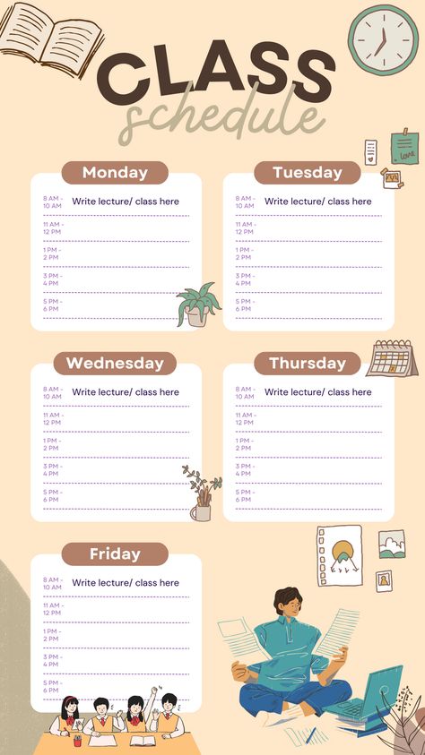 A brown aesthetic class schedule might feature a warm color palette, with shades of brown creating a calming backdrop. The layout could include simple and elegant design elements, perhaps utilizing natural textures or illustrations inspired by rustic patterns. The fonts and graphics chosen might evoke a sense of coziness and organization, maintaining a visually pleasing and functional schedule for a warm and inviting learning environment. Aesthetic Class, Warm Color Palette, Visually Pleasing, Warm Colour Palette, Class Schedule, Schedule Design, Shades Of Brown, Brown Aesthetic, Learning Environments
