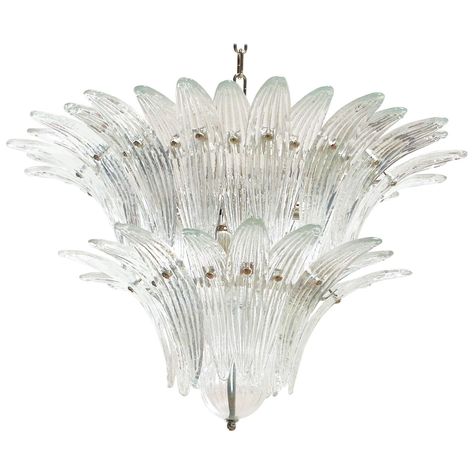 Murano Two-Tier Clear Palmette Glass Chandelier by Venini Large Lanterns, Flush Mount Chandelier, Contemporary Lamps, Vintage Chandelier, Chandeliers And Pendants, Glass Chandelier, Flush Mount Lighting, Glass Globe, Modern Chandelier