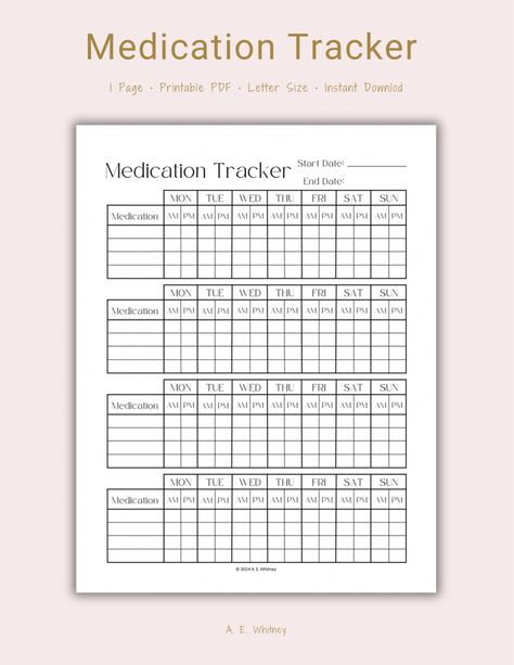 Minimalist Style Medication Tracker | Printable Planner Page Med Tracker Bullet Journal, Bullet Journal Medication Tracker, Medication Tracker Printable, Medical Tracker, Journal Worksheets, Wishlist Printable, Digital Downloads Printables, Bullet Journal Ideas Templates, Medication Tracker