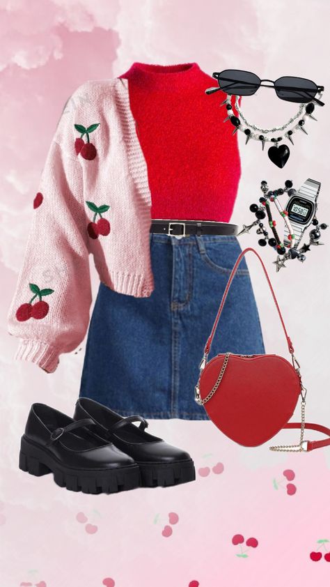 #fashion #outfit #cherry #red #pink #black Cherry Coded Outfits, Cherry Clothes Aesthetic, Cherry Grunge Outfit, Pink And Red Outfit Aesthetic, Pink Grunge Aesthetic Outfits, Cherry Inspired Outfit, Pink Grunge Aesthetic, Spring Attire, Pink Grunge